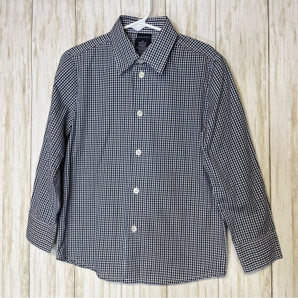Nautical Blue/Navy/White Check Long-Sleeve Button-Front Dress Shirt Size 6